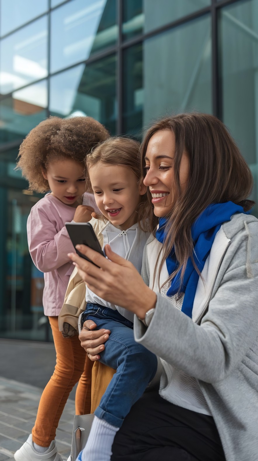 Mother and children smiling while using a smartphone