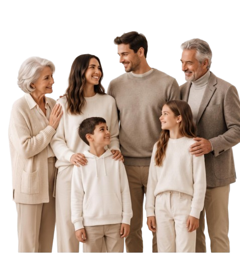 Multi-generational family smiling together in coordinated cream and beige knitwear